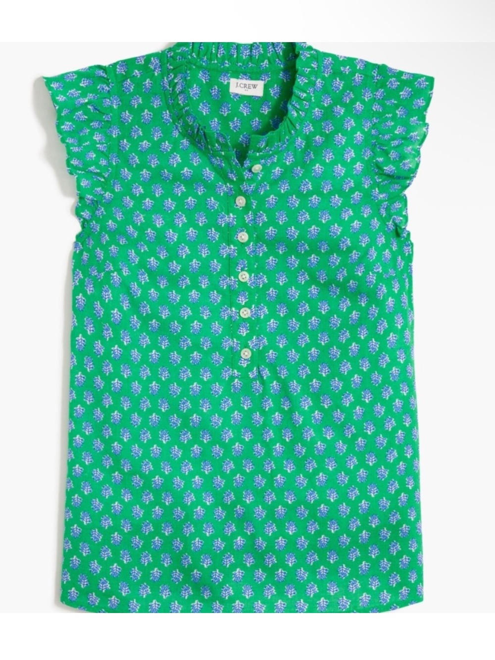 J. Crew Emerald Blouse with Floral Design and Flutter Sleeves